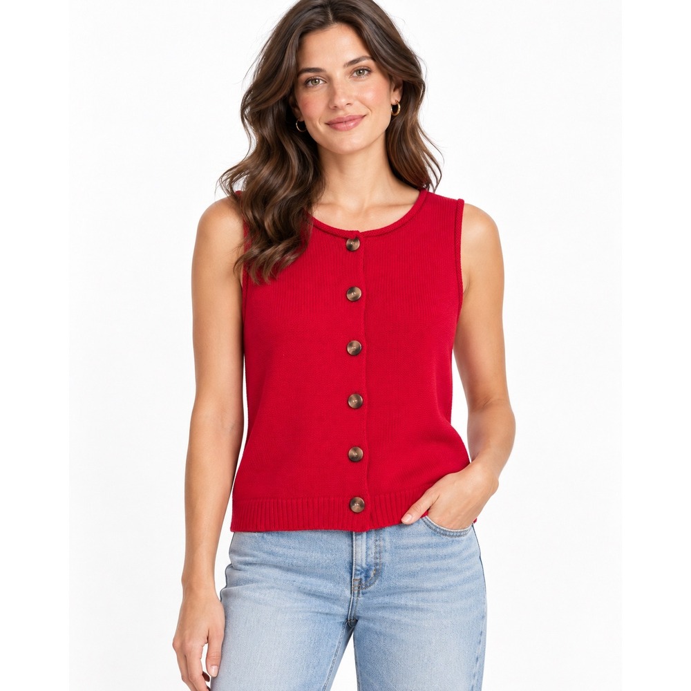 Magaschoni Tomato Red Cotton Knit Button Front Sweater Vest M Preppy 90s